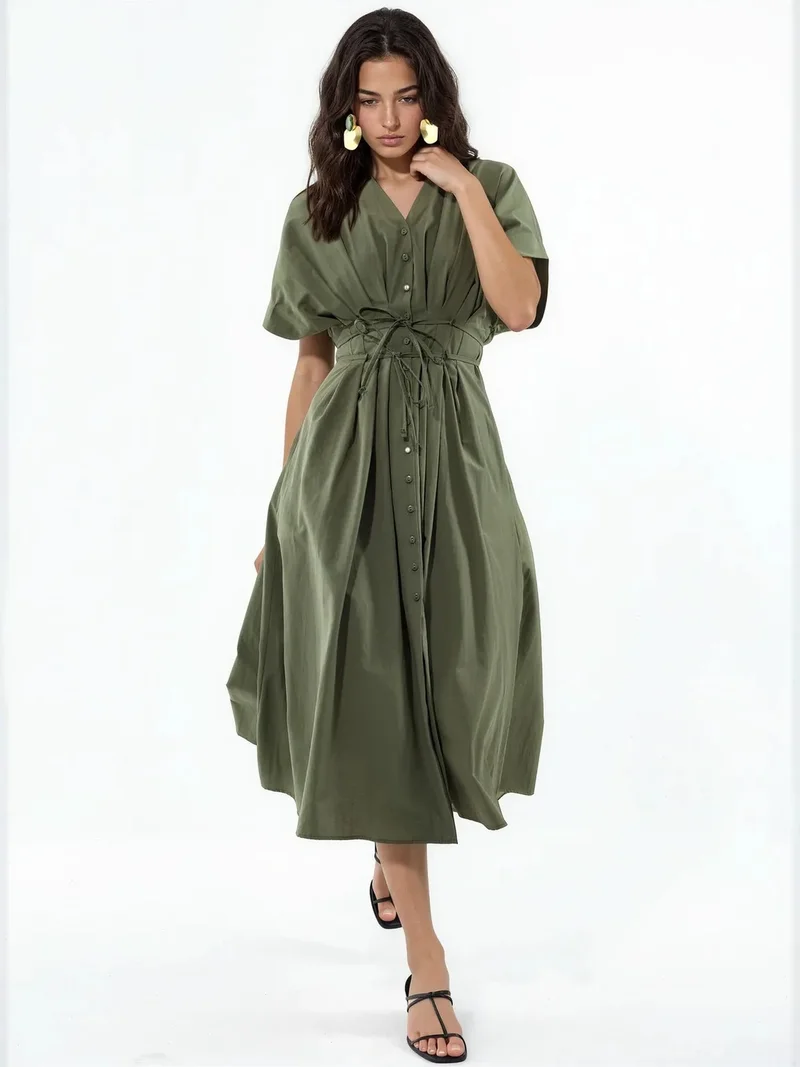 بوسيم BUSEM Casual V-Neck Midi Shirt Dress