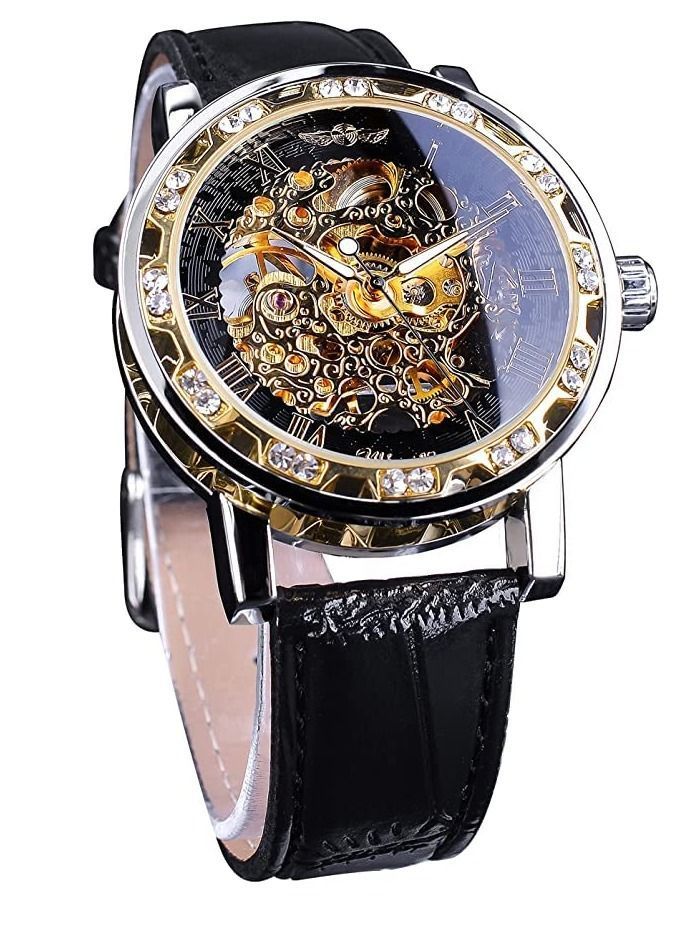 Automatic Mechanical Watches for Men, Retro Manual Skeleton Watch with Diamond and Carving Flower Craft, Luxury Wrist Classic Roman Number, Cutout Rhinestones - Image 1