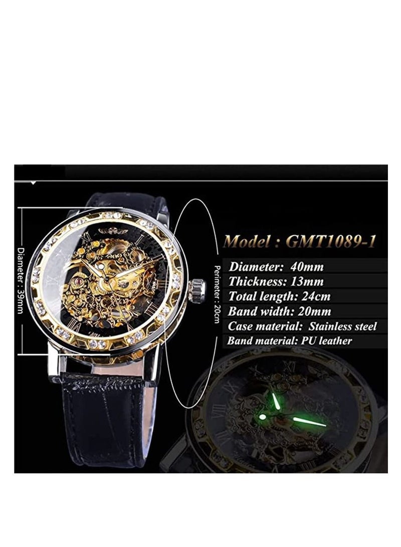 Automatic Mechanical Watches for Men, Retro Manual Skeleton Watch with Diamond and Carving Flower Craft, Luxury Wrist Classic Roman Number, Cutout Rhinestones - Image 4