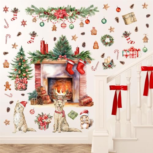 HATARU Merry Christmas Wall Stickers - Fireplace & Pine Tree Decals for Wall - Removable Winter Animals Wall Art for Christmas Party Supplies & Living Room Home Decor - Image 5