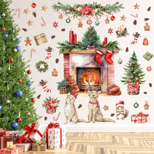 HATARU Merry Christmas Wall Stickers - Fireplace & Pine Tree Decals for Wall - Removable Winter Animals Wall Art for Christmas Party Supplies & Living Room Home Decor - Image 4