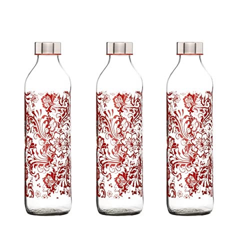 SAND DUNE Set of 3, 800 ml Each Red Mystery Printed Glass water bottle, with Leak-Proof Airtight Stainless-Steel Lid for Water, Smoothie, Juices - Reusable Travel Glass Drinking Fridge Bottles - Image 1