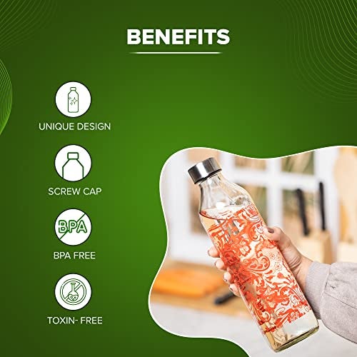 SAND DUNE Set of 3, 800 ml Each Red Mystery Printed Glass water bottle, with Leak-Proof Airtight Stainless-Steel Lid for Water, Smoothie, Juices - Reusable Travel Glass Drinking Fridge Bottles - Image 3