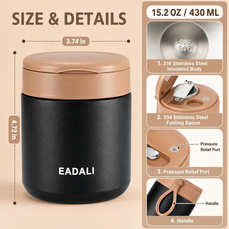 Eadali 15.2oz Kids thermo Food Jar – SUS316 Insulated Lunch Container with Handle & Spoon, Leakproof Wide Mouth Food thermo for Hot & Cold Meals for School Office - Image 4