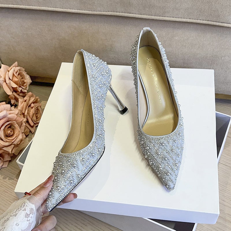 Women's Rhinestone & Pearl Wedding Heels | Chinese-Style Bridal Pumps | 7cm & 4.5cm Heel Options | Comfort-Focused Design for Brides & Bridesmaids | Multiple Colors Available - Image 1