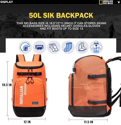 MERALIAN Ski Boot Bag - 50L Ski Boot Travel Backpack Waterproof Snowboard Boot Backpack for Travel Stores Gear Including Helmet, Goggles and Outerwear. (Orange-04) - Image 4
