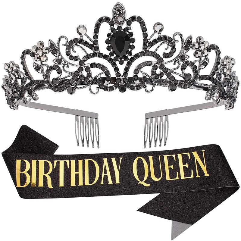 COCIDE Black Gold Sash and Tiara Set Birthday Queen Rhinestone Tiara Headband for Women Girls Party Decoration Kit - Image 3
