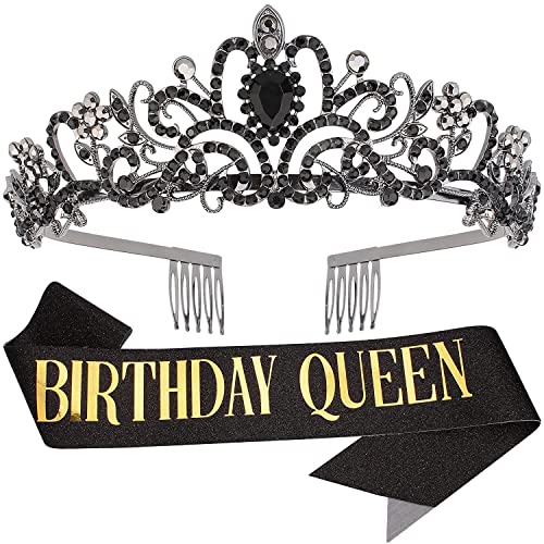 COCIDE Black Gold Sash and Tiara Set Birthday Queen Rhinestone Tiara Headband for Women Girls Party Decoration Kit - Image 1