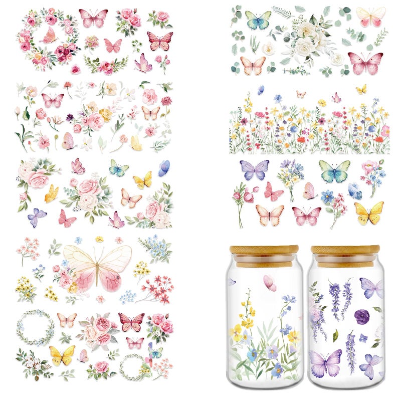 Rngmsi UV DTF Cup Wrap - 10 Sheets Spring Flower UV DTF Cup Wraps for 16 oz Glass, Wildflower Butterfly UVDTF Decals for Water Bottle, Waterproof Floral Rub on Transfer Stickers, DIY Crafts - Image 1