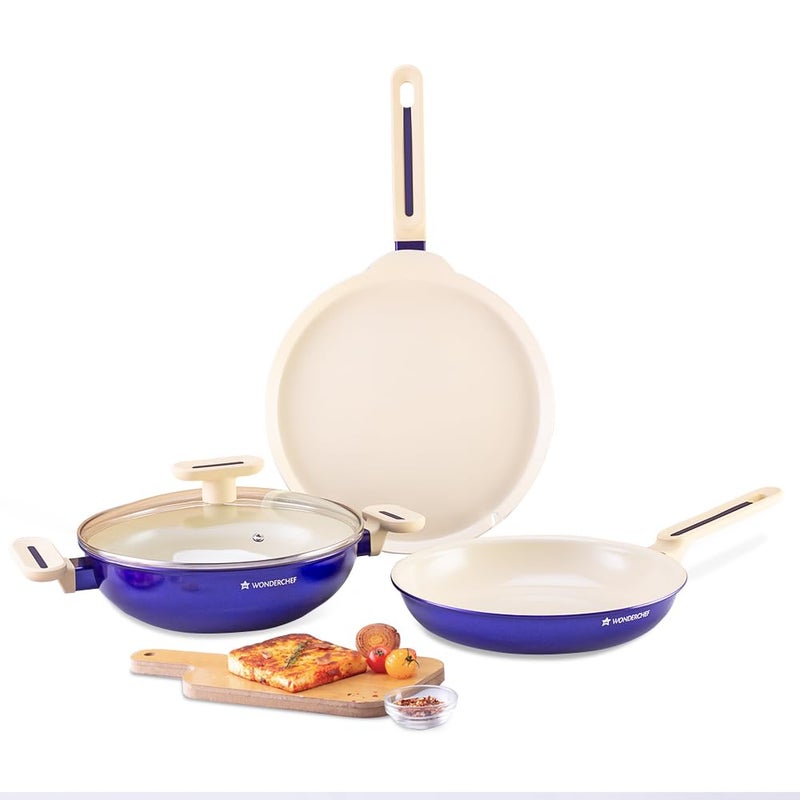 Wonderchef Bellagio Cookware 4 Pc. Set | Kadhai & Lid, Fry Pan, Dosa Tawa | Healthy Ceramic Coating |Non-Toxic | PFAS and PFOA Free | 3mm Thickness | Soft-Touch Handles and Knob | Electric Blue | 2 Year Warranty - Image 1