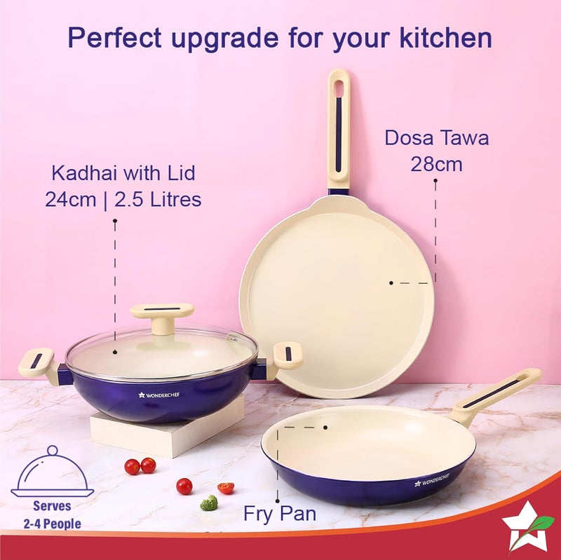 Wonderchef Bellagio Cookware 4 Pc. Set | Kadhai & Lid, Fry Pan, Dosa Tawa | Healthy Ceramic Coating |Non-Toxic | PFAS and PFOA Free | 3mm Thickness | Soft-Touch Handles and Knob | Electric Blue | 2 Year Warranty - Image 5