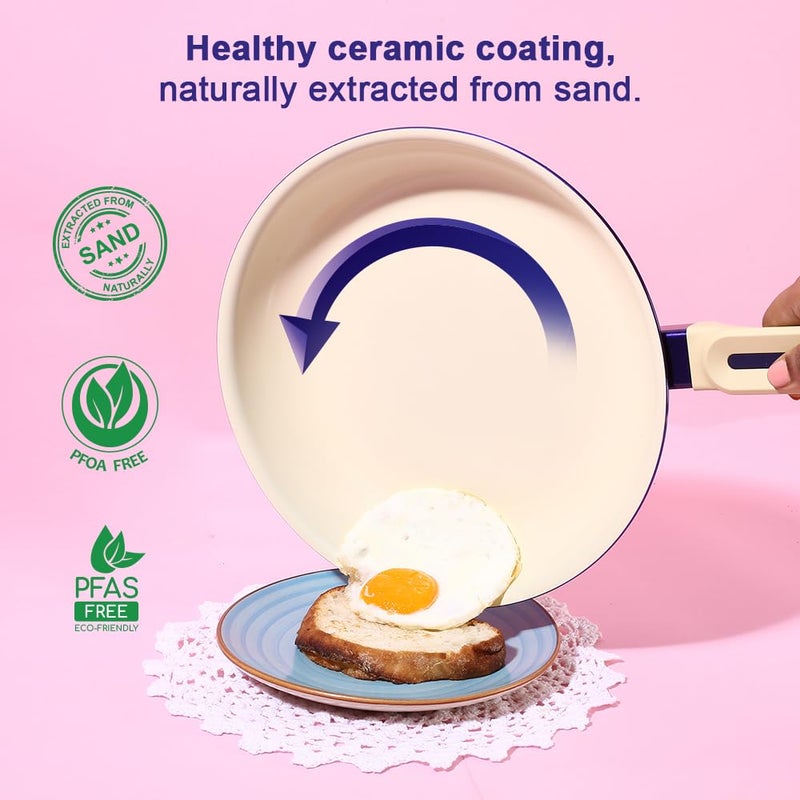 Wonderchef Bellagio Cookware 4 Pc. Set | Kadhai & Lid, Fry Pan, Dosa Tawa | Healthy Ceramic Coating |Non-Toxic | PFAS and PFOA Free | 3mm Thickness | Soft-Touch Handles and Knob | Electric Blue | 2 Year Warranty - Image 3