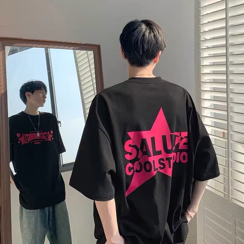 American Street Hip Hop Retro Jane'S English Printed T-Shirt Washed Loose Small Nearline Couples Short Sleeve Trendy - Image 1