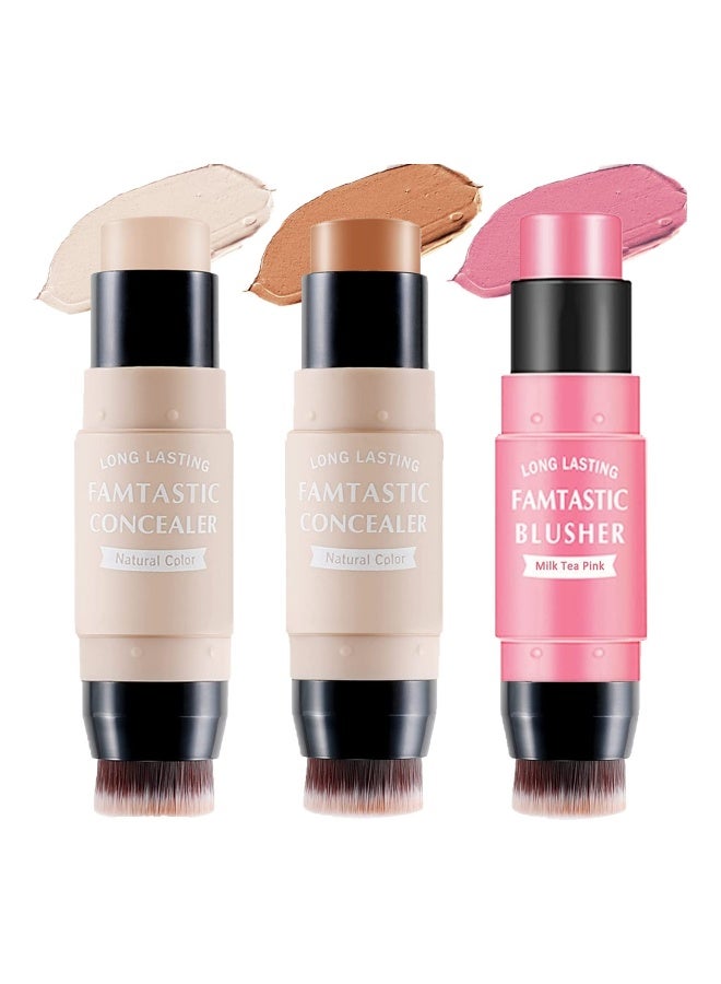 3 Pcs Blush Stick with Brush, Waterproof Multi Cream Blush Stick Makeup, Lightweight, Long-lasting, Easy To Use, 2 in 1 Multi Stick Blush for Cheeks & Lip Tint & Eyeshadow Makeup, for All Skin - Image 1