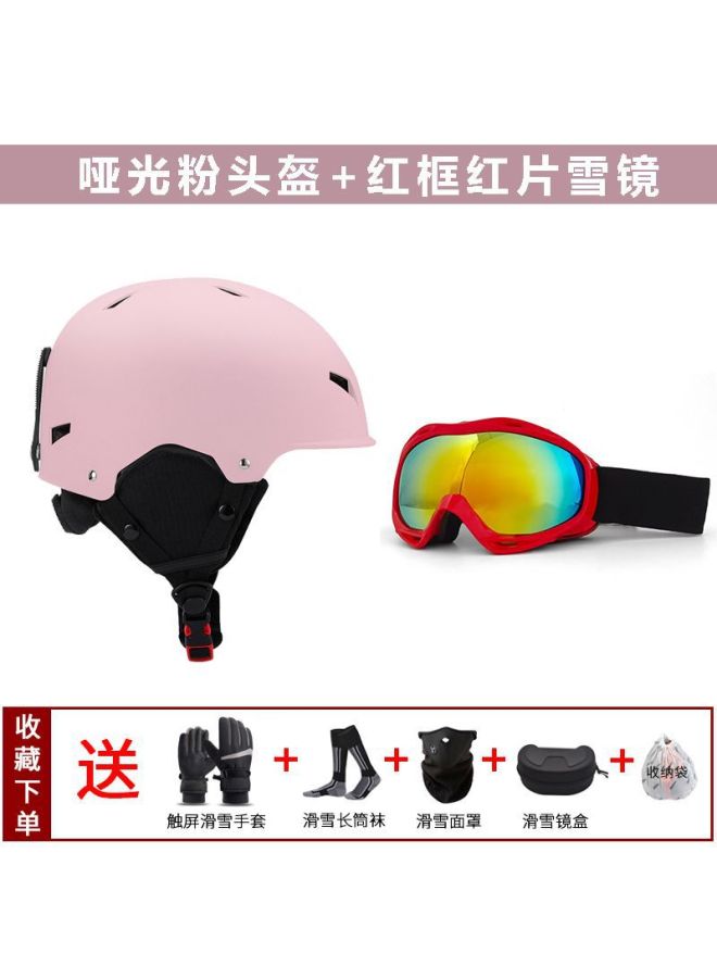 Professional Ski Helmet with Snow Goggles - Lightweight Anti-Fall Unisex Winter Ski and Snowboard Helmet Set, Pink Helmet with Red Frame Red Lens