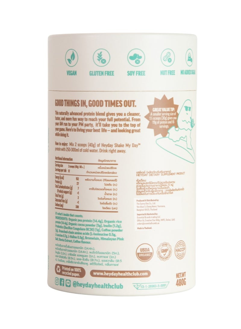 heyday Shake My Day Organic Plant-Based Protein Powder | Pea & Rice Protein | Muscle Support And Recovery & Weight Loss | Vegan, Non-GMO, Gluten-Free, Nut-Free, Soy-Free | Mocha (480G) - Image 2