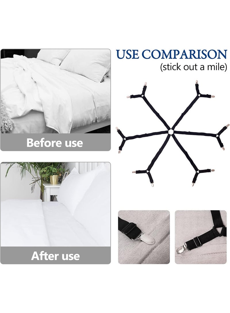 Adjustable Bed Sheet Clips，Bed Sheet Holder Straps Adjustable Premium Fitted Suspenders with 6 Way Cross Elastic Bands and Corner Clips for Bedding Mattress Fasteners Black - Image 2