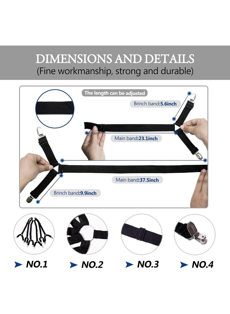 Adjustable Bed Sheet Clips，Bed Sheet Holder Straps Adjustable Premium Fitted Suspenders with 6 Way Cross Elastic Bands and Corner Clips for Bedding Mattress Fasteners Black - Image 4