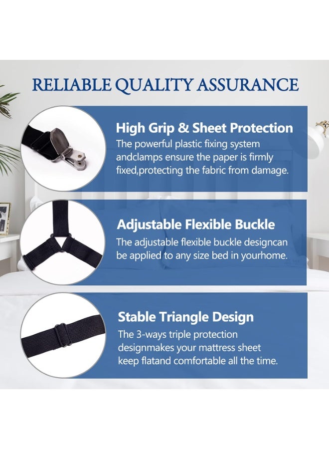 Adjustable Bed Sheet Clips，Bed Sheet Holder Straps Adjustable Premium Fitted Suspenders with 6 Way Cross Elastic Bands and Corner Clips for Bedding Mattress Fasteners Black - Image 5