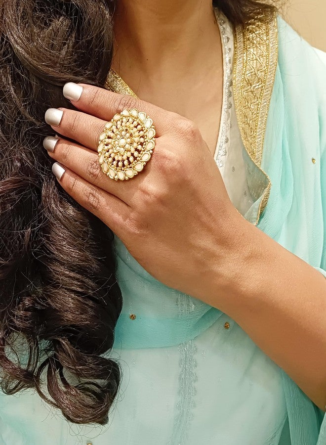 Efulgenz Indian Jewelry Rings for Women Antique Round Faux Pearl Crystal Bollywood Adjustable Big Finger Ring Fashion Party Statement Jewelry for Women - Image 3