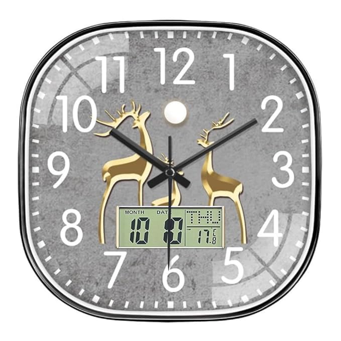Ash  Roh Ash & Roh 12 Inch Silent Quatrz and Non-Ticking Wall Clock with Easy to Read Number and Analog Display Stylish & Decorative Design for Office, Living Room, Bedroom (Deer Digital Square) - Image 1