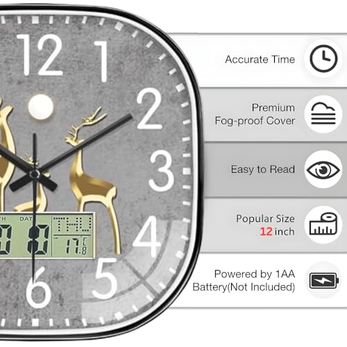 Ash  Roh Ash & Roh 12 Inch Silent Quatrz and Non-Ticking Wall Clock with Easy to Read Number and Analog Display Stylish & Decorative Design for Office, Living Room, Bedroom (Deer Digital Square) - Image 4
