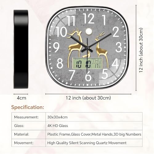 Ash  Roh Ash & Roh 12 Inch Silent Quatrz and Non-Ticking Wall Clock with Easy to Read Number and Analog Display Stylish & Decorative Design for Office, Living Room, Bedroom (Deer Digital Square) - Image 5