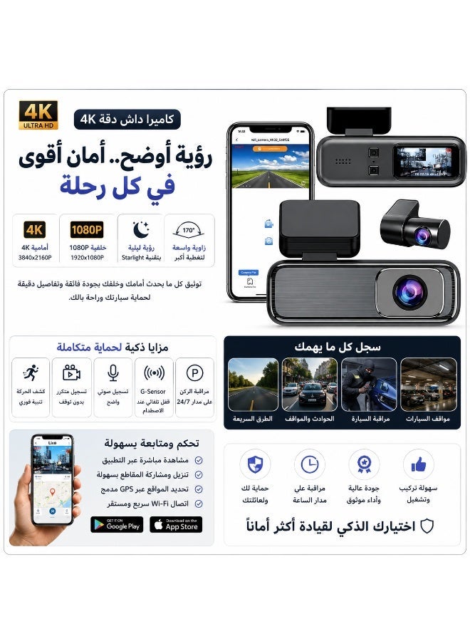SONIC 4K Dash Cam (Front 4K + Rear 1080P) | Starlight Night Vision with Wide-Angle View | Built-in GPS & Wi-Fi | Parking Surveillance Mode - Image 1