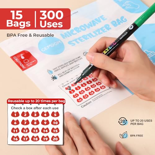 Gemdom 15 Pack Microwave Steam Sterilizer Bags Plus, Large Size for Baby Bottles Soothers, Teethers, Breast Pump Parts, Training Cups and Accessories, 20 Uses Per Bag, Baby Travel Essential - Image 3