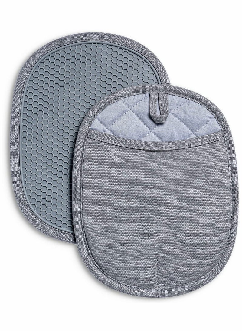 Y&D Silicone Pot Holders Sets Heat Resistant Oven Hot Pads with Pockets Non-Slip Grip Large Potholders for Kitchen Baking Cooking | Quilted Liner 9.8 x 7.6 Inches Gray Pack of 2  - Image 1
