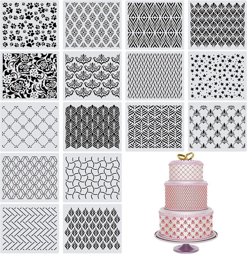 Ivanas 16 Pcs Cake Decorating Stencils Templates Floral Wedding Cake Molds Cookie Fondant Dessert Decorating Supplies Spray Flower Edge Molding Baking Mesh Tool Cake Decor, 25 x 21 cm, CK-25 - Image 1