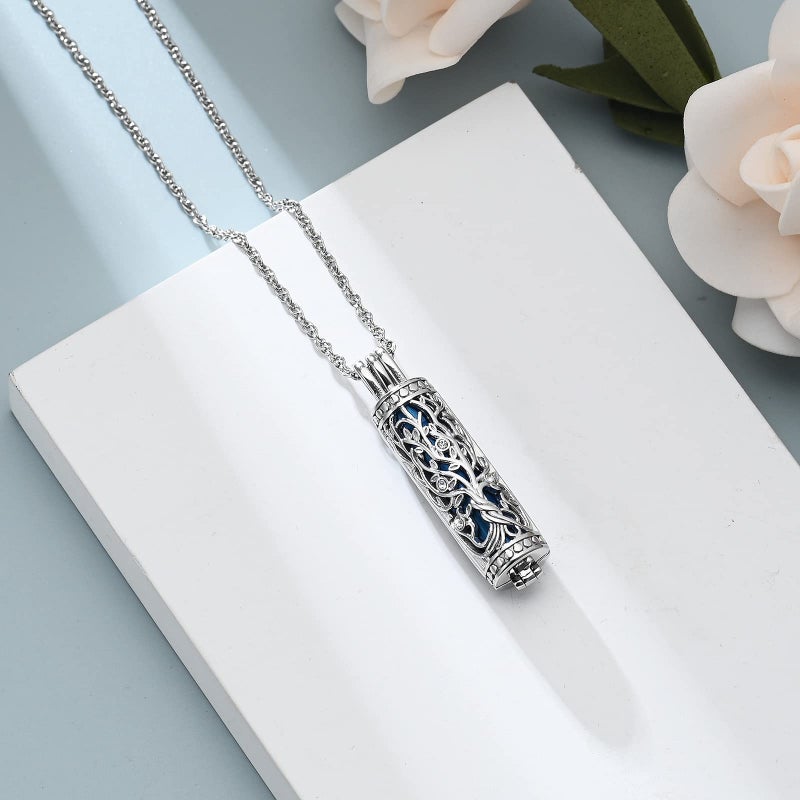 shajwo Cylinder Cremation Jewelry Tree of Life Urn Ashes Necklace for Women Men Vial Cremation Ash Pendant Loved One Memorial Jewelry,Blue - Image 2