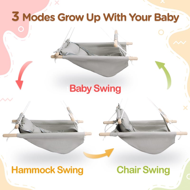 gladswing Baby Swing Indoor and Outdoor Canvas Hammock Swing for Baby to Toddler with a Comfortable Seat Macaroon Wooden Toy Adjustable 5Point Harness3 ModesGift for Baby Boys Girls Grey - Image 3
