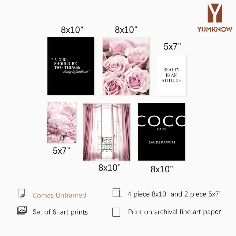 YUMKNOW Motivational Quotes Wall Art - Glam Pink Designer Pictures Wall Decor - Positive Quotes for Women, Teen Girl Bedroom, Bathroom - Pink Rose Peony Posters for Vanity Powder Room - Paris Coco Fashion Art - Image 3