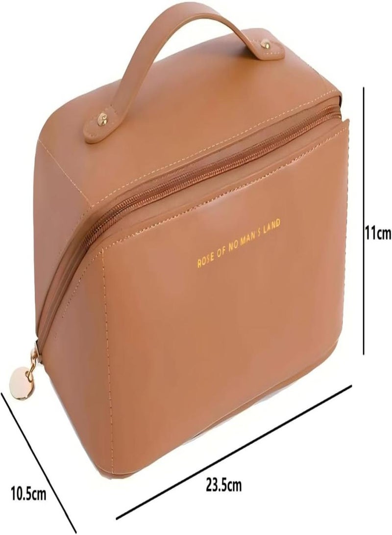 KHAJUL Large Capacity Travel Makeup Bag, Pu Leather Waterproof Portable toiletry bag Wash Bag makeup organizer, With Divider And Handle (brown) - Image 2