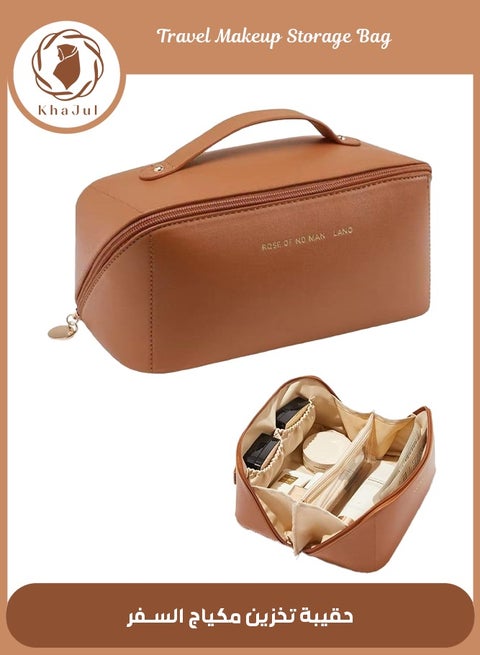 Large Capacity Travel Makeup Bag, Pu Leather Waterproof Portable toiletry bag Wash Bag makeup organizer, With Divider And Handle (brown)
