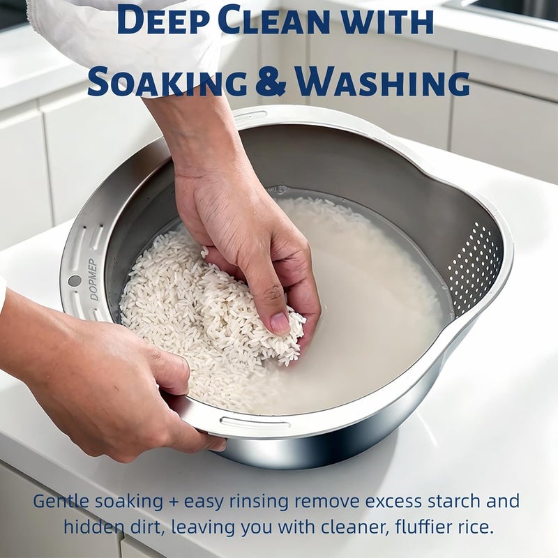 DOPMEP Rice Washer Strainer Bowl - 4-in-1 Washing Bowl for Quinoa, Stainless Steel Rinser With Side Drainers Small Colander for Cleaning Fruits, Vegetables, and Beans - Versatile Kitchen Tool | Ideal for Soaking, Washing, Cleaning, and Rinsing Rice, Fruits, Vegetables & Beans, Versatile Kitchen Tool - Image 2
