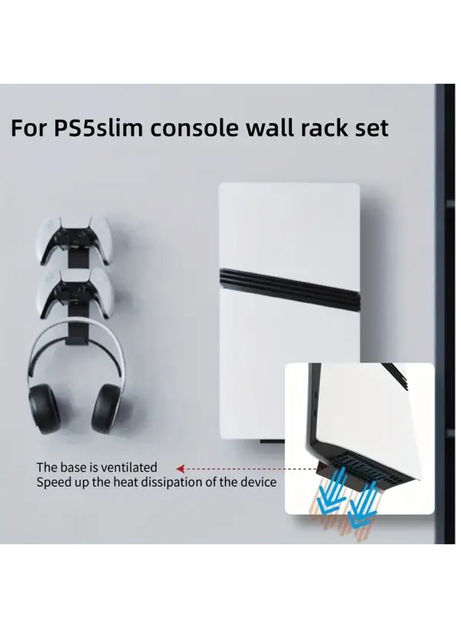 حامل تخزين مثبت على الحائط لجهاز PS5 Slim مع خطاف لسماعات الرأس – أسود - Image 1