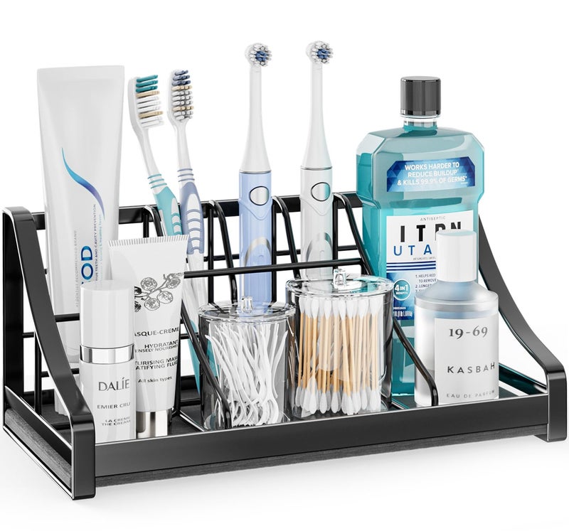 OVICAR Toothbrush Holder Instant-Dry Organizer - Bathroom Countertop Organizer Kids Electric Toothbrush Toothpaste Holders - 7 Slots Bathroom Sink Accessories Storage Tooth Brush Counter Organization, Black - Image 1