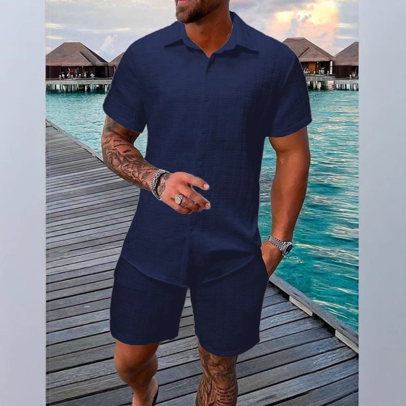 2025 European and American Summer Jacquard Black and White Solid Color Suit Short-Sleeved Men's Vacation Casual Style Shirt and Shorts Two-Piece Set - Image 1