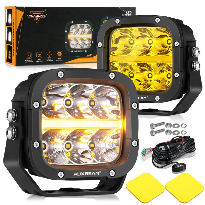 أوكسبيم 5 مصابيح LED للطرق الوعرة مع إضاءة نهارية أمبر سلسلة XPUltra 132W 15600LM سوبر برايت مصباح مربع LED غطاء مصباح أمبر مجموعة ضوء الفيضانات لسيارات الطرق الوعرة ضمان لمدة عامين