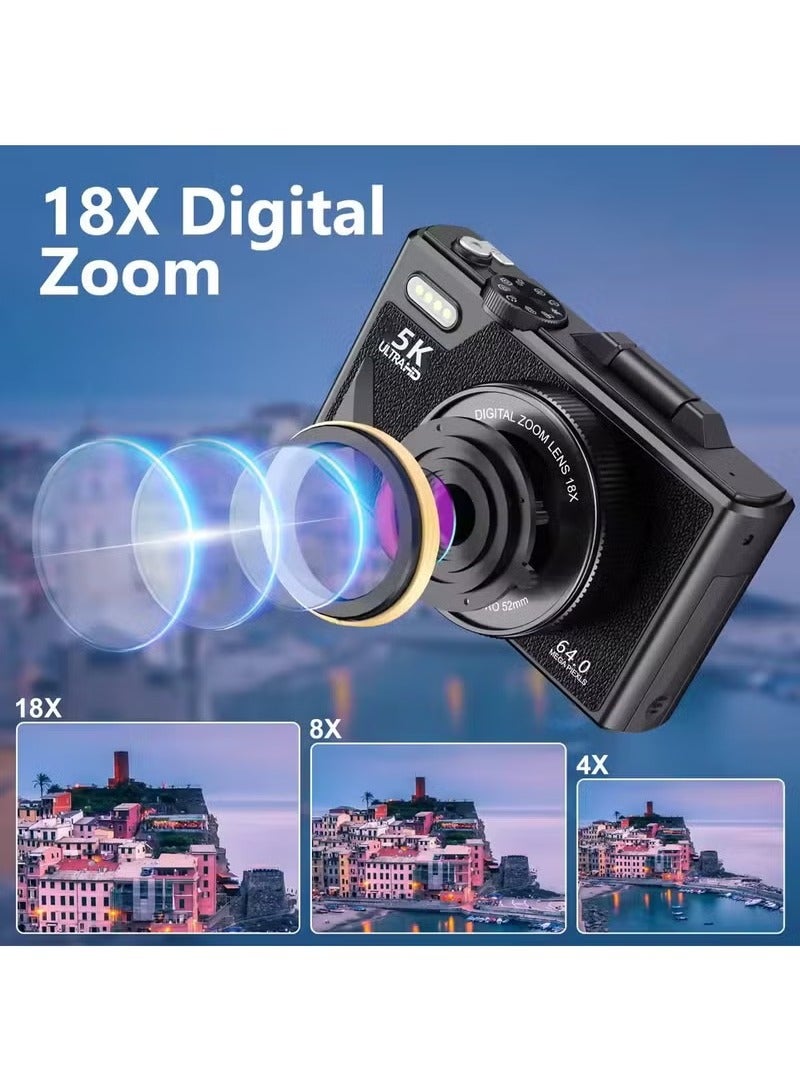 Digital Camera, 5K Vlogging Camera, Kids Camera 75MP Point and Shoot Digital Cameras with 64GB TF Card, 18X Zoom, For Kids Boys Girls (Black) - Image 3