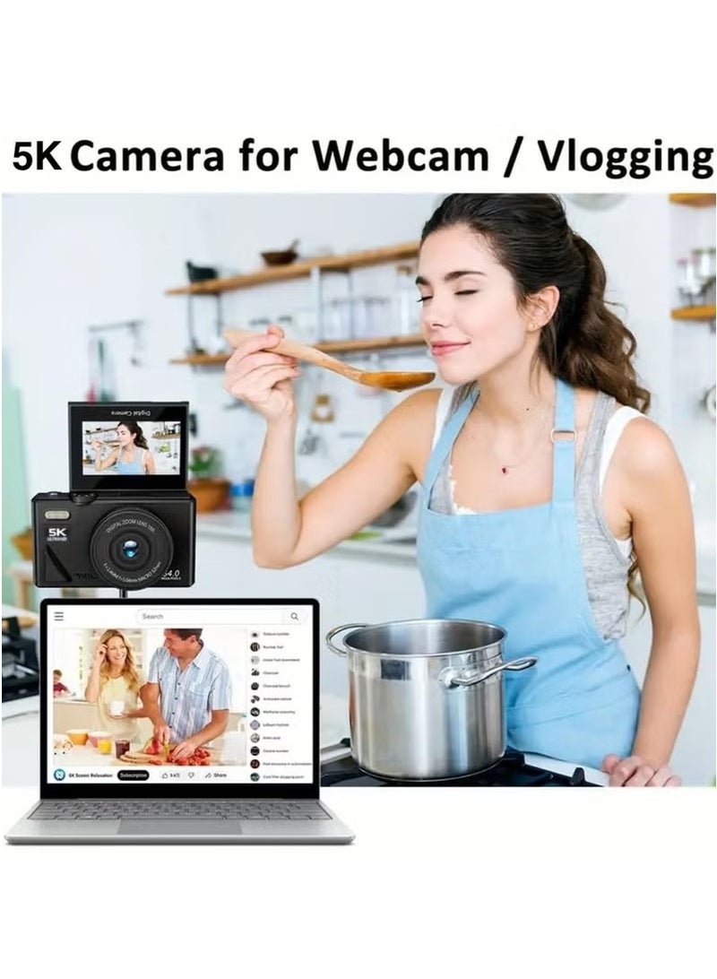 Digital Camera, 5K Vlogging Camera, Kids Camera 75MP Point and Shoot Digital Cameras with 64GB TF Card, 18X Zoom, For Kids Boys Girls (Black) - Image 5