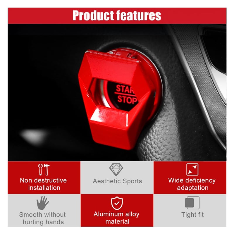 GLSOWEE Car Engine Start/Stop Button Cover, Zinc Alloy Car Push Button Start Cover Car Power Control Trim, Universal Key Ignition Switch Protective Cover for Cars, SUVs (Red) - Image 3