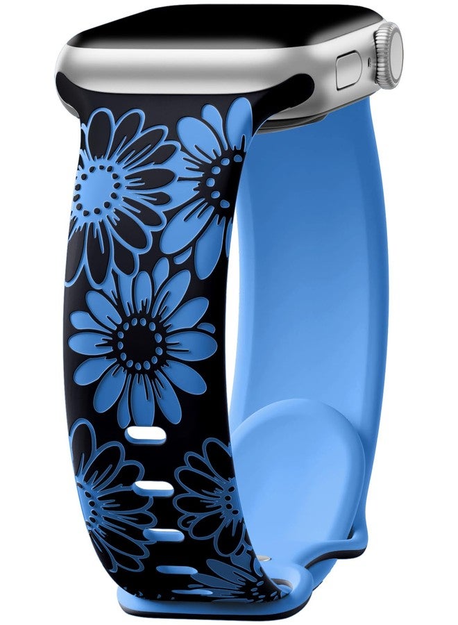DaQin Floral Engraved Band Compatible with Apple Watch Band 40mm 41mm 38mm Women, Cute Flower Pattern iWatch Bands Soft Silicone Sport Strap for iWatch Series 9 8 7 6 5 4 3 2 1 SE Ultra,Black/Blue - Image 1