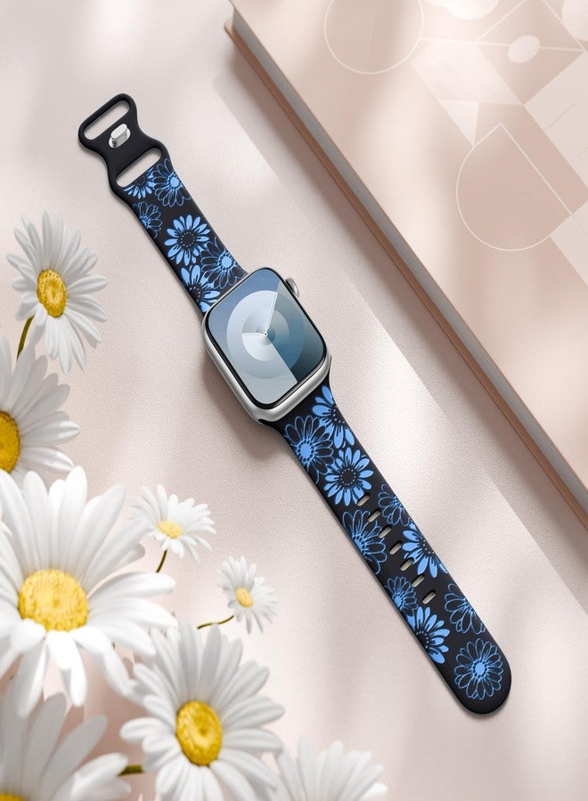 DaQin Floral Engraved Band Compatible with Apple Watch Band 40mm 41mm 38mm Women, Cute Flower Pattern iWatch Bands Soft Silicone Sport Strap for iWatch Series 9 8 7 6 5 4 3 2 1 SE Ultra,Black/Blue - Image 3