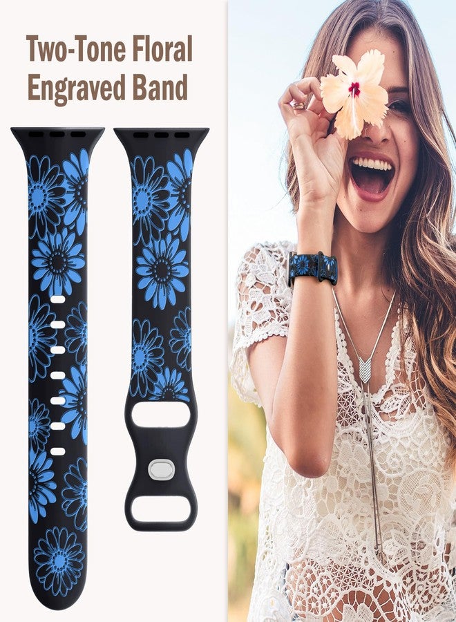 DaQin Floral Engraved Band Compatible with Apple Watch Band 40mm 41mm 38mm Women, Cute Flower Pattern iWatch Bands Soft Silicone Sport Strap for iWatch Series 9 8 7 6 5 4 3 2 1 SE Ultra,Black/Blue - Image 2