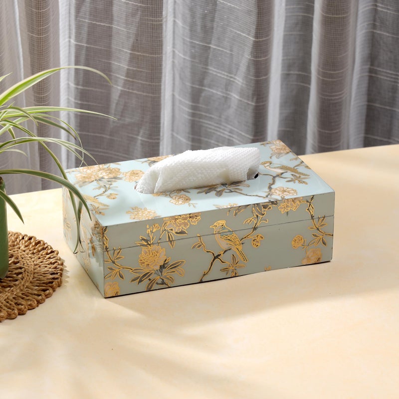 DULI صندوق مناديل مزخرف يدوي الصنع من دُلي للطاولة في MDF (23x14x8 سم) حوامل مناديل ورقية لطاولة الطعام صندوق مناديل فاخرة لمكتب العمل (صندوق المناديل: طيور ذهبية مائية) - Image 1