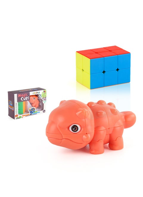 Children's Science And Education Educational Animal Second-Order Rubik's Cube Toy Dinosaur Rubik's Cube 2 in 1 Set Smooth Rotation (Orange Ankylosaurus + Second Order Rubik's Cube)