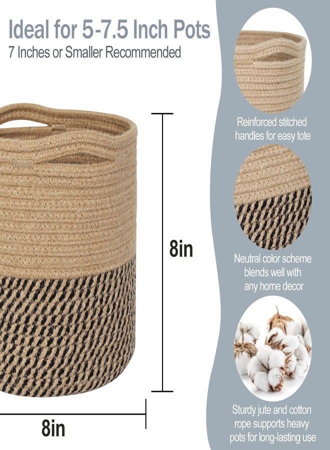 MEGASKET Woven Jute Plant Basket, Wicker Basket Planter up to 7" Pot, Round Indoor Tree Pot Cover, Small Boho Planter, Decorative Bins for Plants and Home Decor, 8”x8”x8, Black Stripes - Image 2